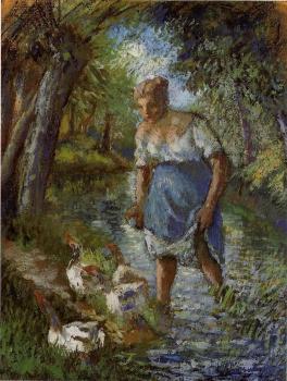 Camille Pissarro : Peasant Crossing a Stream